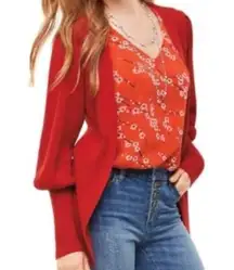 CAbi Cabaret Cardigan 100% Cotton Ribbed Knit Wrap Front Puff Sleeve Red Small