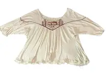 Free People Ivory 3/4 Balloon Sleeve Boho Embroidered Grommet‎ Blouse - Medium