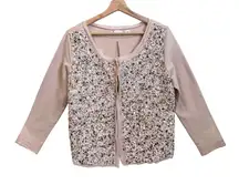 Anthropologie Cardigan Women Medium Pink Blush White Bead Boho Cottage Wedding