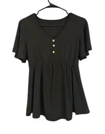 Shein Black Short Sleeve Button Henley Flare Hem V-Neck Blouse Women Sz S