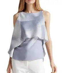 HALSTON HERITAGE Blue Geometric Sleeveless Blouse Ruffle Tank Size 4