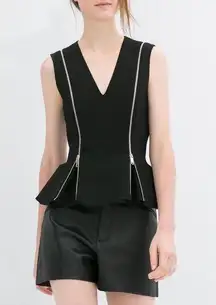 ZARA  Woman Black Deep V Neck Zipper Peplum Top S