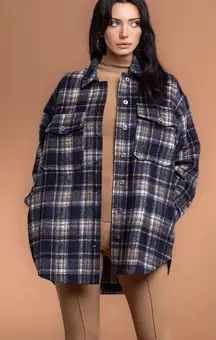 NWOT No Vacancy Brushed Wool Plaid Shacket - Navy and Tan