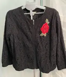 Adiva Black Lace‎ Jacket Floral Rose Long Sleeve Full Zip Front Size 1X