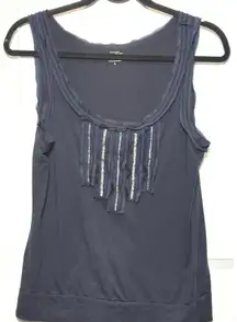 Ann Taylor Loft Navy Blue Sleeveless Tank Top Fringe Embellishment Medium M