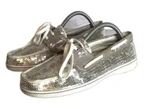 Reel legends Top-Sider Women's Boat Shoes Silver Fabric Lace Up Sequin Slip-On