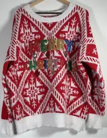 Holiday Time Merry Christmas Sequin Logo Ugly Christmas Sweater XL Fuzzy Glitter