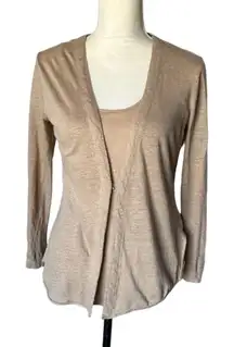 Ecru Cardigan Tank Set Size XS Light Brown Linen Open Front Two Piece Coastal