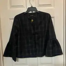 ZARA Basic navy blue black tartan plaid bell sleeve cape jacket size Small