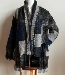Curio Patchwork Cardigan Sweater oversized- Blue and Gray wool blend