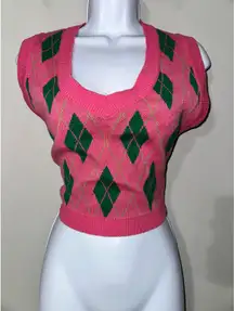 STORETS Argyle Knit Vest Sweater Crop Pink Green Women's S M