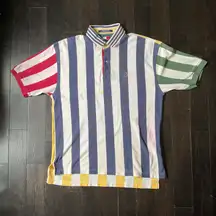 Vintage Y2K  Striped Cotton Green, Yellow, Blue, & Red Polo Button Short Sleeve Sz. XL