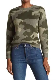 Lucky Brand Camo Crew Neck Pullover Sweater in Army Green Large