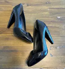 Miu Miu Black Patent Peep Toe Jeweled Heels Python Snake Skin Rhinestones 37