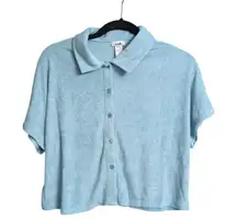 NWT Andie Cropped Button Up Blue CABLU Textured Collared Short Sleeve Shirt S