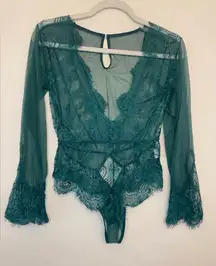 Sexy Perspective Green Lace Eyelashes Long Sleeve Bodysuit Size M‎