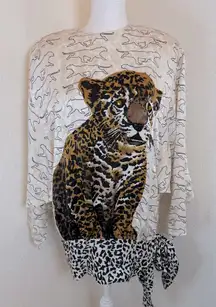 1980s Julie Francis Dolman Silk Blouse with Hip Sash and Leopard‎ Print size 10