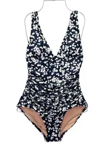 J. Crew Eco Ruched One Piece Swimsuit Navy Floral V-Neck Size 4 Little Blooms