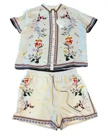 Johnny Was Short Set XL  Silk Blend Satin Birds Artsy