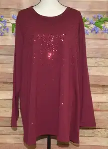 Quacker Factory Womens Plus 3X Maroon Sequin Tunic Thin Knit Shirt Party Holiday
