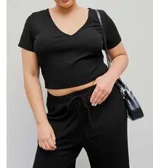 Cider Black Ribbed Knit V-Neck Short Sleeve Top 4X