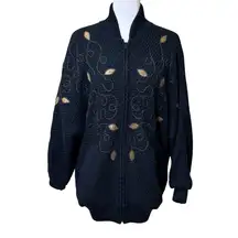 Tundra Canada Vintage Hand Knit Appliqué Full Zip Sweater Black Medium Lined