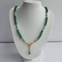 Vintage Malachite Bead Crystal Gold tone metal beaded necklace