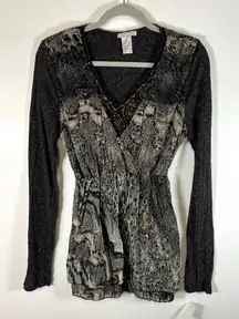 Alberto Makali Animal Print Embellished Cardigan Large Gray Beaded‎ Sequin