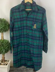 Ralph Lauren Green & Blue Plaid Long Sleeve Button Front Sleep Shirt Dress S