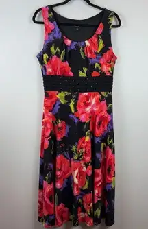 Perception Midi Floral Dress Women 10 Black Red Rose Sleeveless Beaded Bloomcore