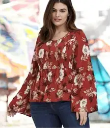 Rust Floral Smocked Peplum Blouse – Boho Chic Long Sleeve