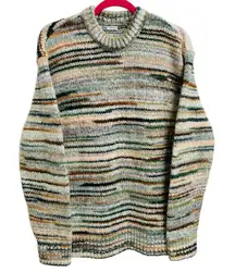 Zara Chunky Striped Knit Sweater Fuzzy Cozy Oversized Earthy Mock Neck Size M