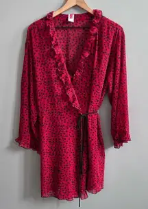 Natori Robe & Nightgown Set Red and Black Leopard Spots Ruffle Size Medium Large