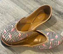Sandy's Punjabi Jutti shoes with a black white striped pattern pink flamingo Sz9