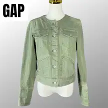 GAP Women's Green Denim Jacket Collarless Button Front Size M