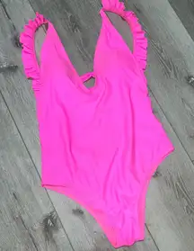 Ruffle One Piece Swimsuit M open back low cut hot pink