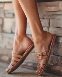 BED|STÜ Tan Rustic Hilda Leather Slide Sandals Size 7 (Fits Like 6)