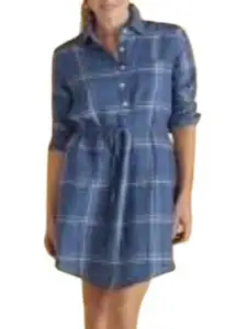 Serena & Lily Margot Womens Linen Plaid Long Sleeve Popover Dress Blue Large NWT
