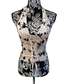 Shein Velvet Floral Lace Up Halter Top Crop Top Corset Style