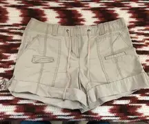 Y2K 2000s Tan beige khaki cargo micro mini low-mid rise shorts drawstring shoelace waistband  Size 10/M Measurement in pics