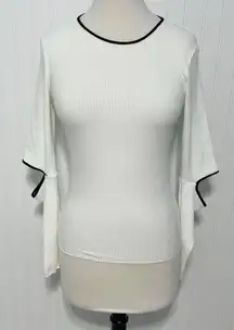 ZARA  Cold Elbow Cutout Ribbed Sweater Crewneck White Black Trim Women's Small