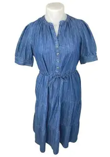 NEW M&S Marks & Spencer Blue Short Sleeve Denim Jean Chambray Midi Dress Size 14
