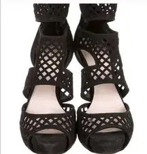 MIU MIU Black Suede Lasercut Cage Platform Heel