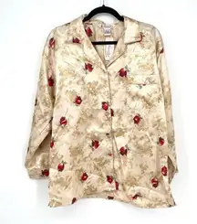 Satiny Floral Red Rose Gold Button Down Pajama Tops and Bottoms Set NWT Small