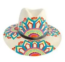 HAT MEXICAN Artisanal Hand Painted Fedora Mandala Sombrero Panama Bohemian White