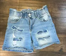 Indigo Rein Distressed Patched Ruffle Waist Denim Shorts