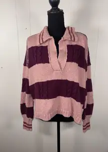 Free People Pembrook Sweater Stripe Cable Knit V Neck Moody Pink Collar Size L
