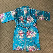 Floral Teal Blue Pink Purple White Satin Kimono Robe * Size Small