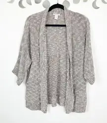 White + Warren Woman's Sz L Taupe and White Short Sleeve Open Front Cardigan