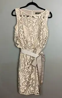 TADASHI SHOJI cocktail dress taupe neutral blouson lace overlay size 10